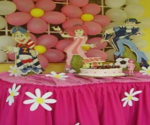 Puzzle Εορτασμός της τούρτα γενεθλίων με κεριά, δώρα και μπαλόνια